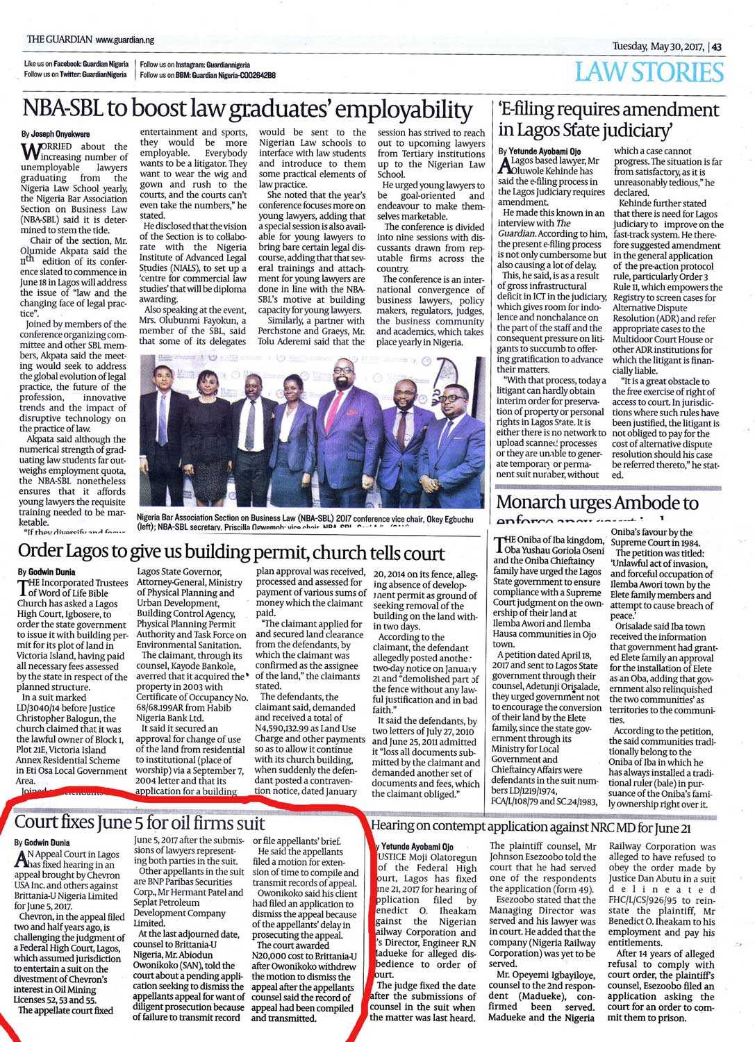 THE GUARDIAN - Court Fixes June 5 for Oil Firms Suit