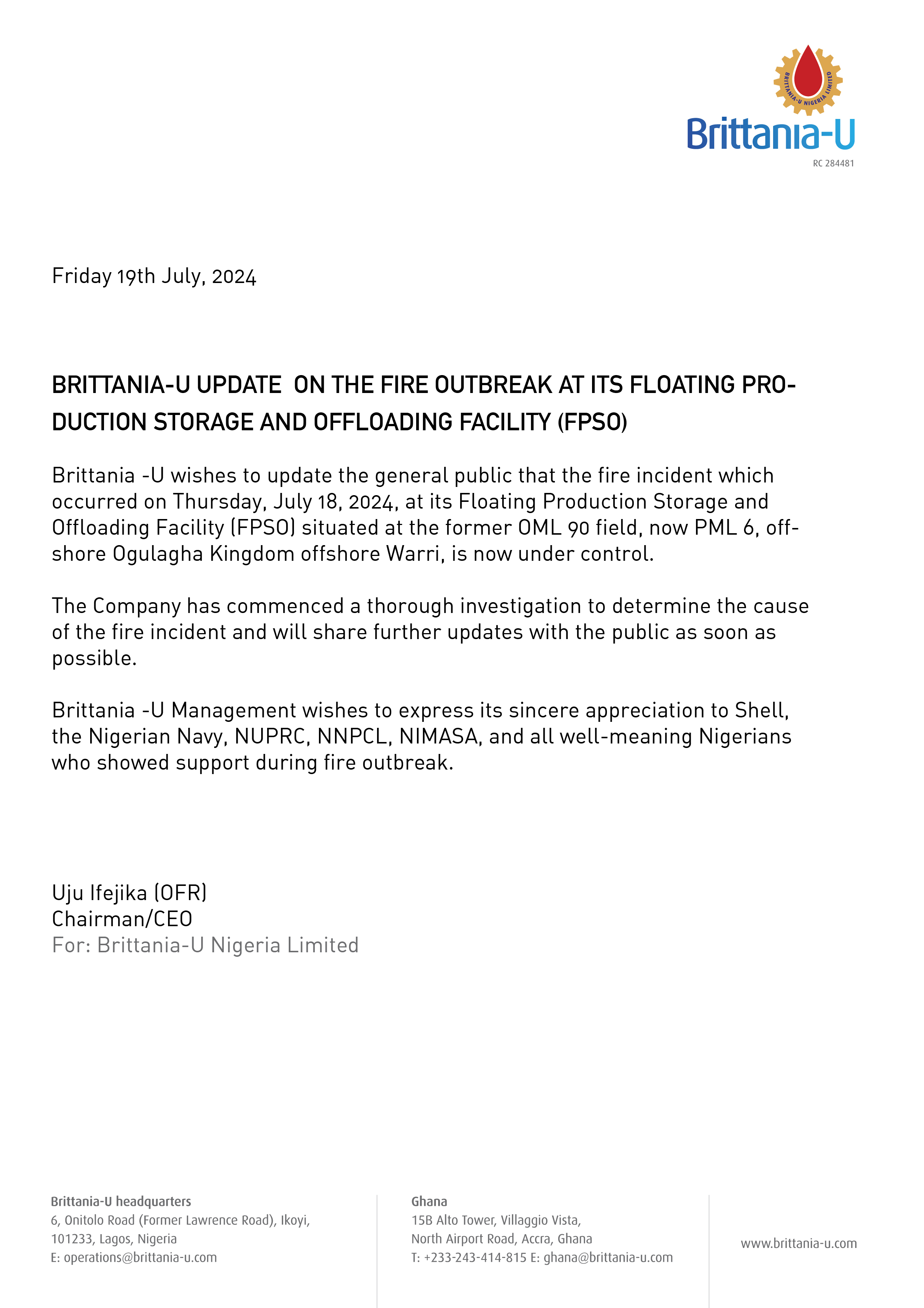 Press Release: Update on The Fire Outbreak at our Floating Production Storage and Offloading Facility